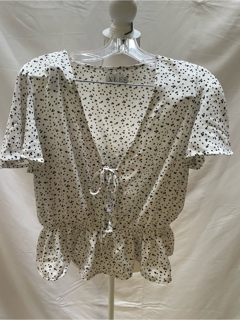 XLE Cream Polka Dot Tie-Front Peplum Blouse